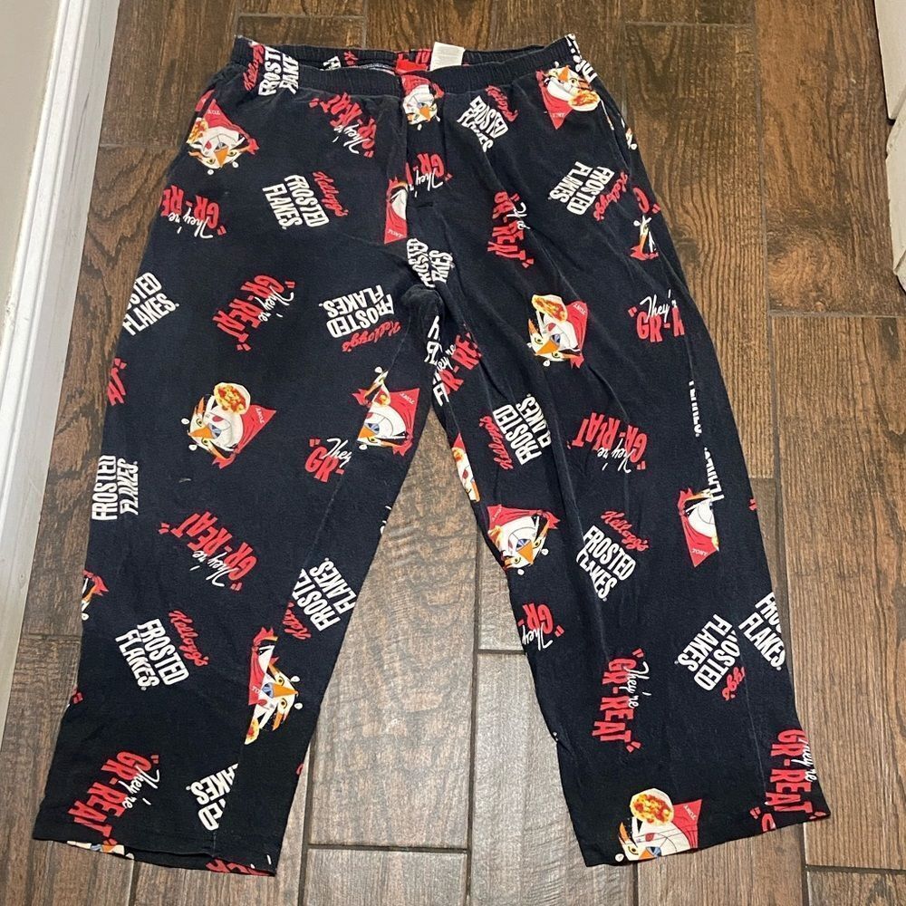Men’s Kelloggs Cartoon Print Black Pajama Pants Pajama Size L 36/38